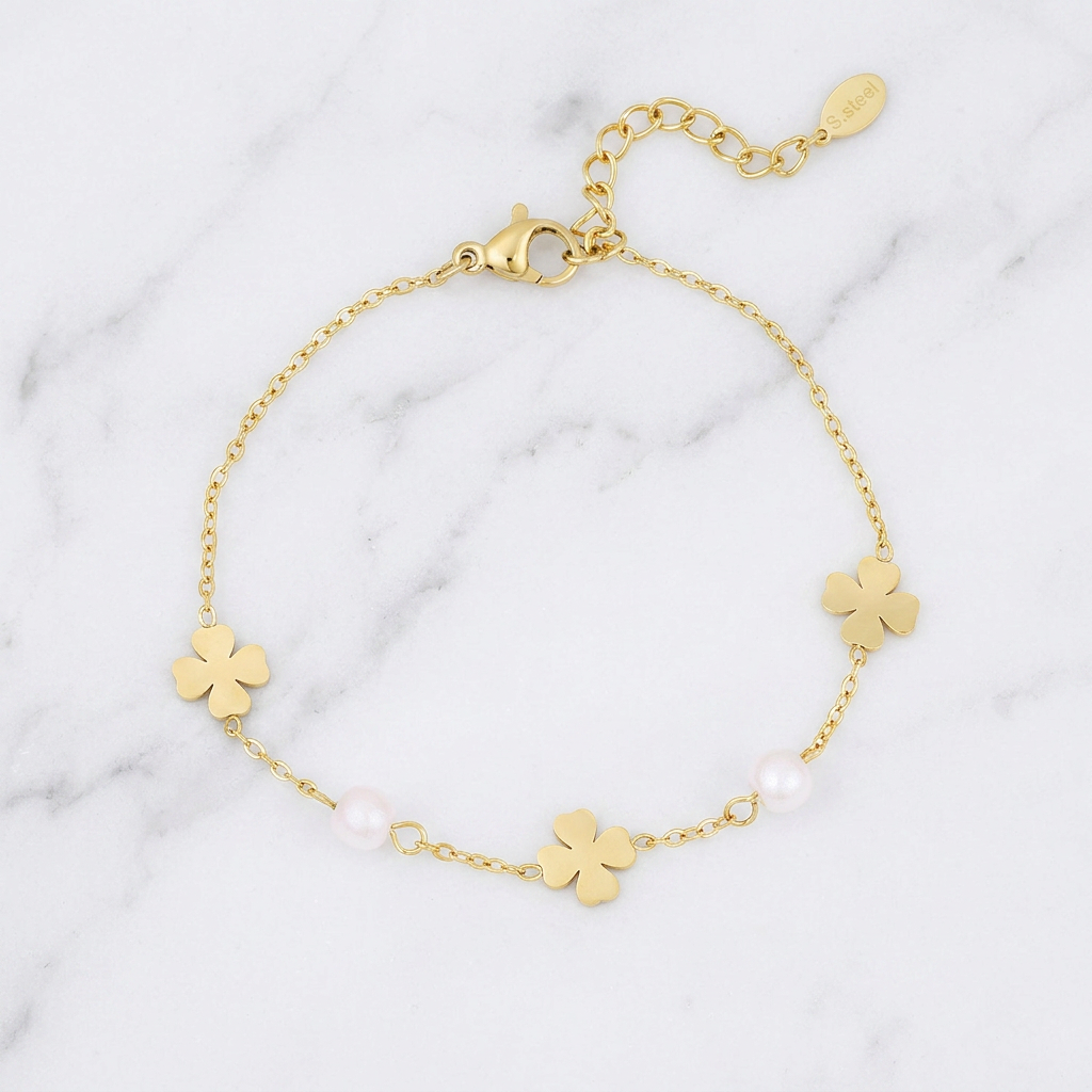 Bracciale Perle con Quadrifoglio Portafortuna