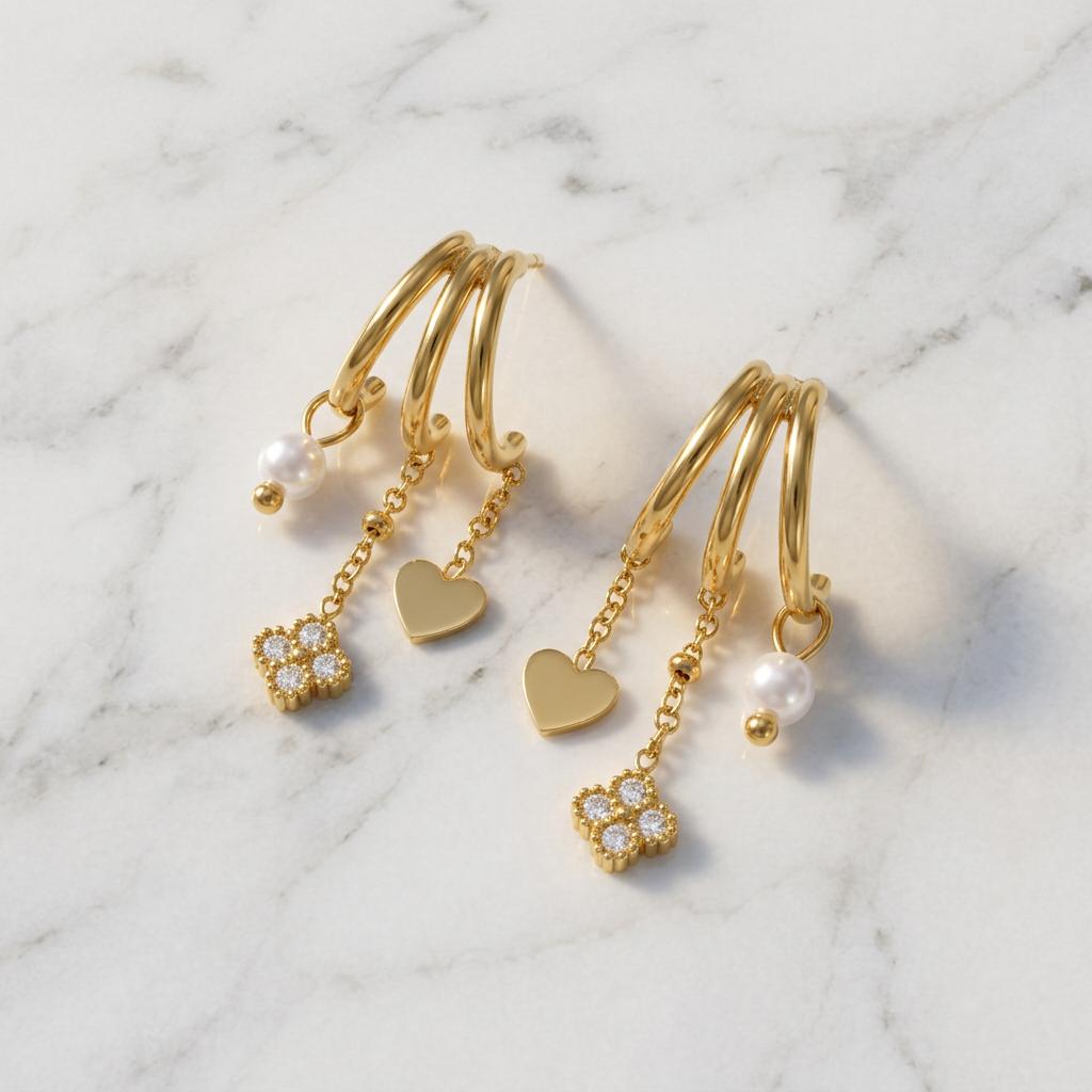 Orecchini Multi-Charm Cuore e Fiore